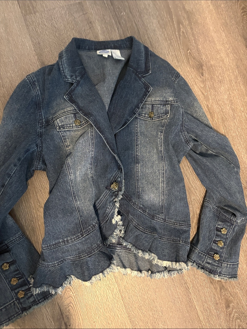 Diane Gilman Medium Blue Distressed Denim Blazer Jacket